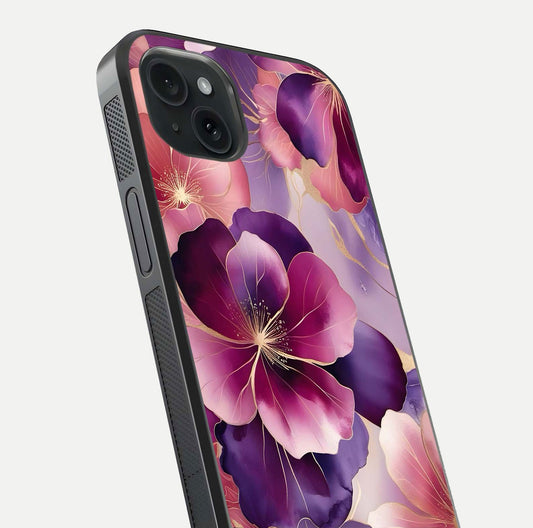 Pink Bouquet Florals Glass Case for iPhone 15 Plus close-up angled shot showing bouquet details and reflection
