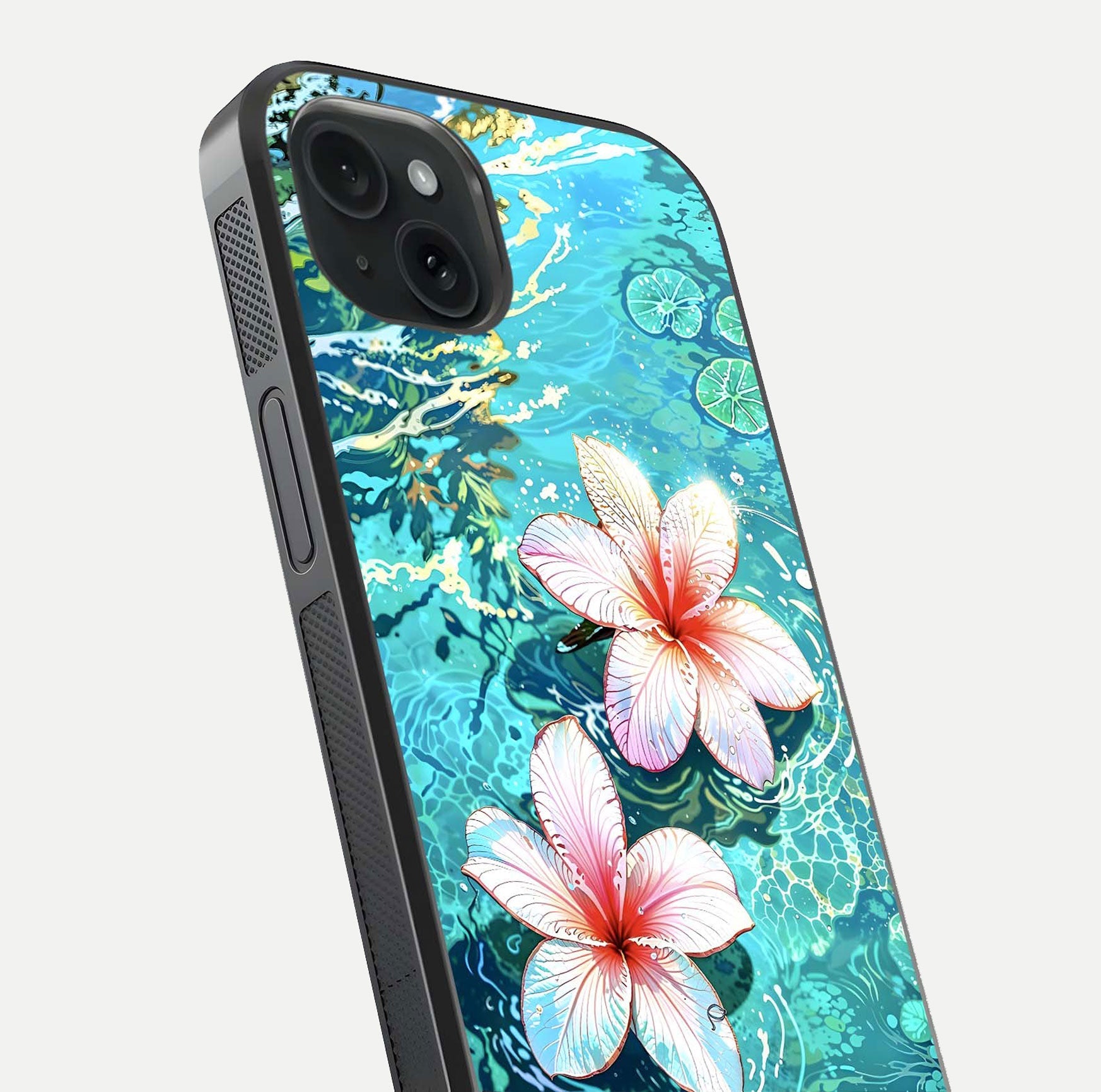 Pink Flowers in Water Glass Case for iPhone 15 Plus close-up angled shot highlighting water ripple and reflection