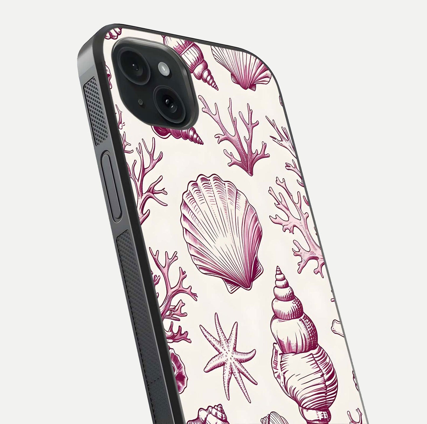 Pink Shells Outline Glass Case for iPhone 15 Plus close-up angled shot showing fine shell lines and reflection