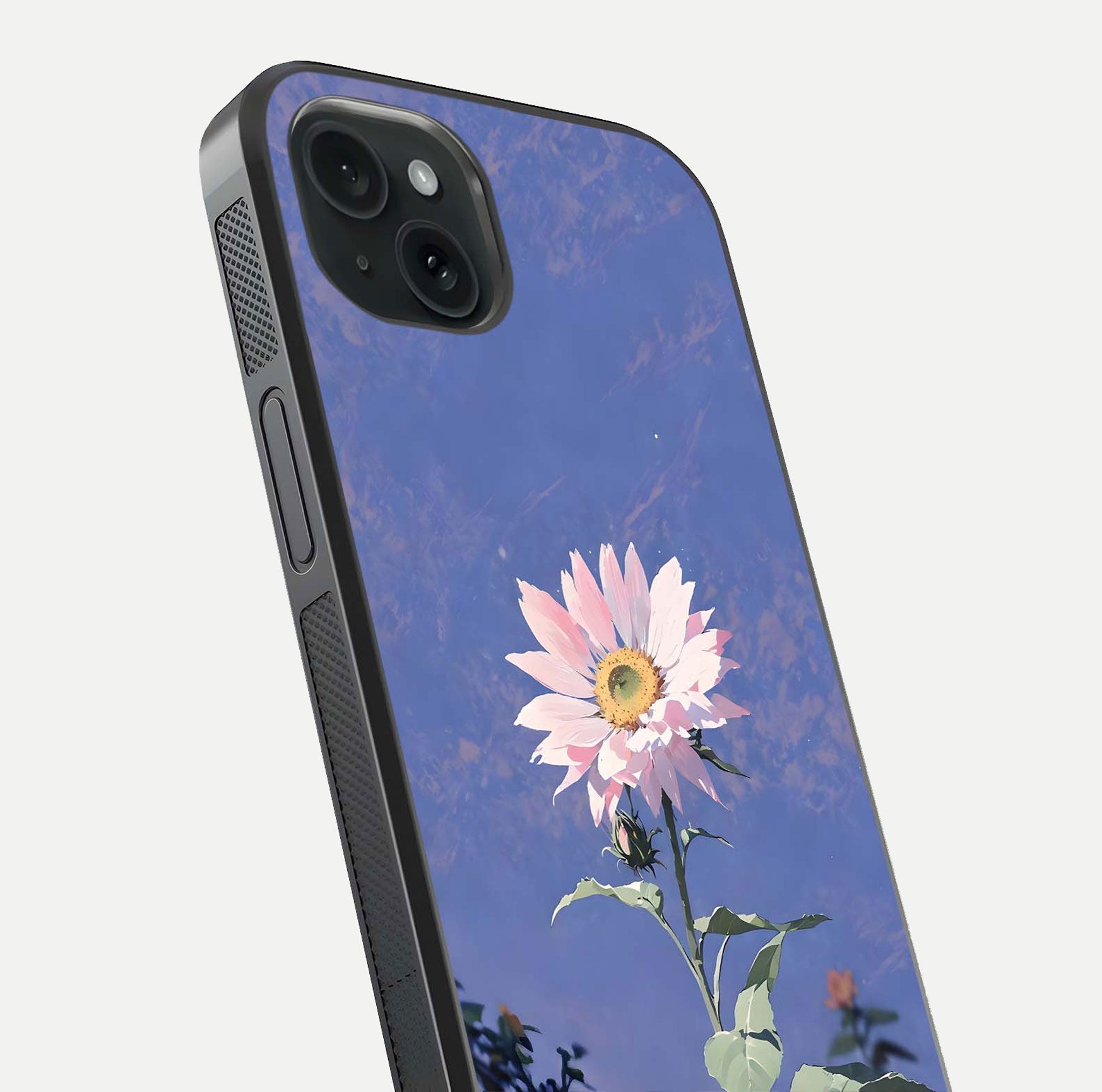 Pink Sunflower Glow Glass Case for iPhone 15 Plus close-up angled shot highlighting petal texture and reflection