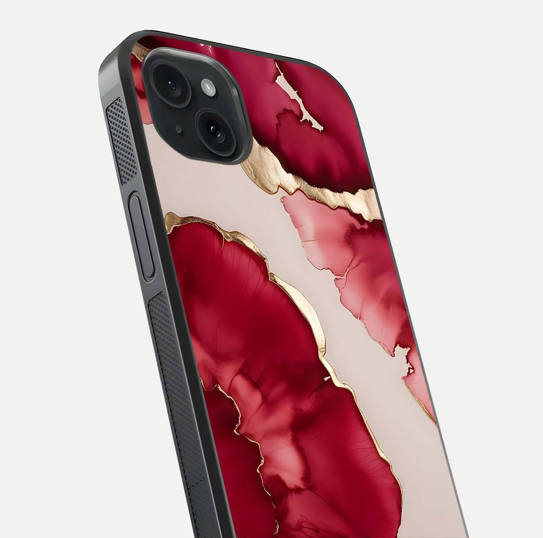 Pink & White Marble Glass Case for iPhone 15 Plus close-up angled shot highlighting texture and reflection shine