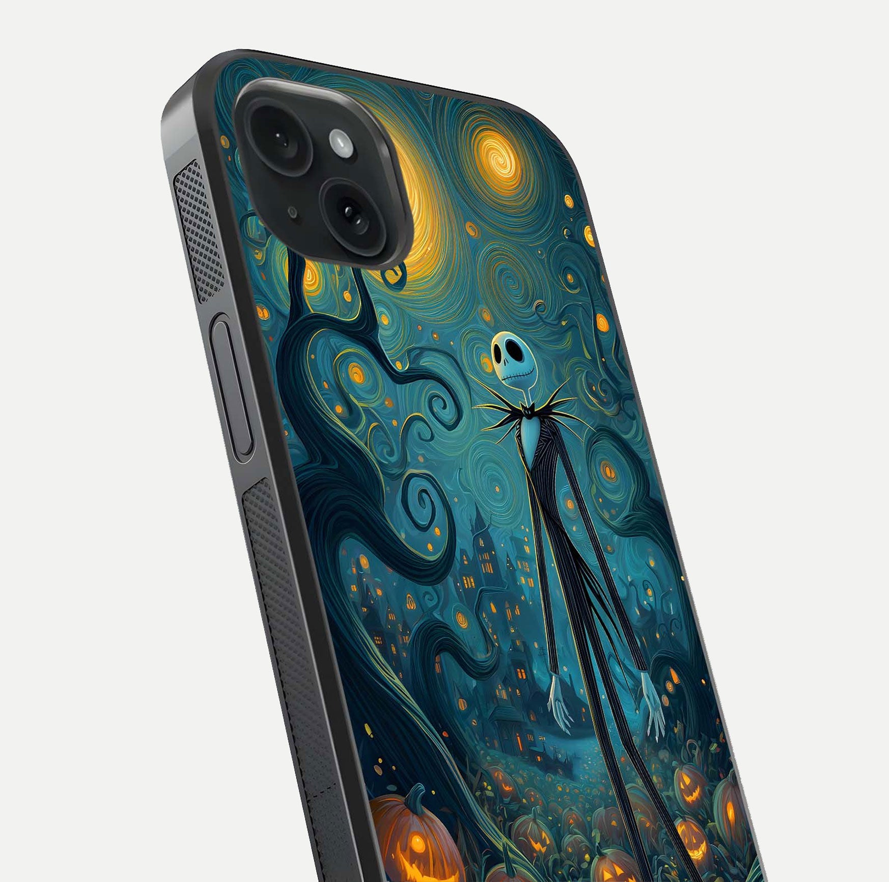 Pumpkin Moonlight Tale Glass Case for iPhone 15 Plus close-up angled shot highlighting reflection and vibrant glow