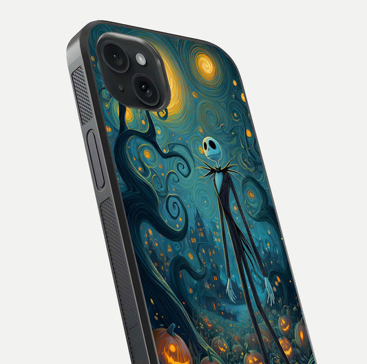 Pumpkin Moonlight Tale Glass Case for iPhone 15 Plus close-up angled shot highlighting reflection and vibrant glow