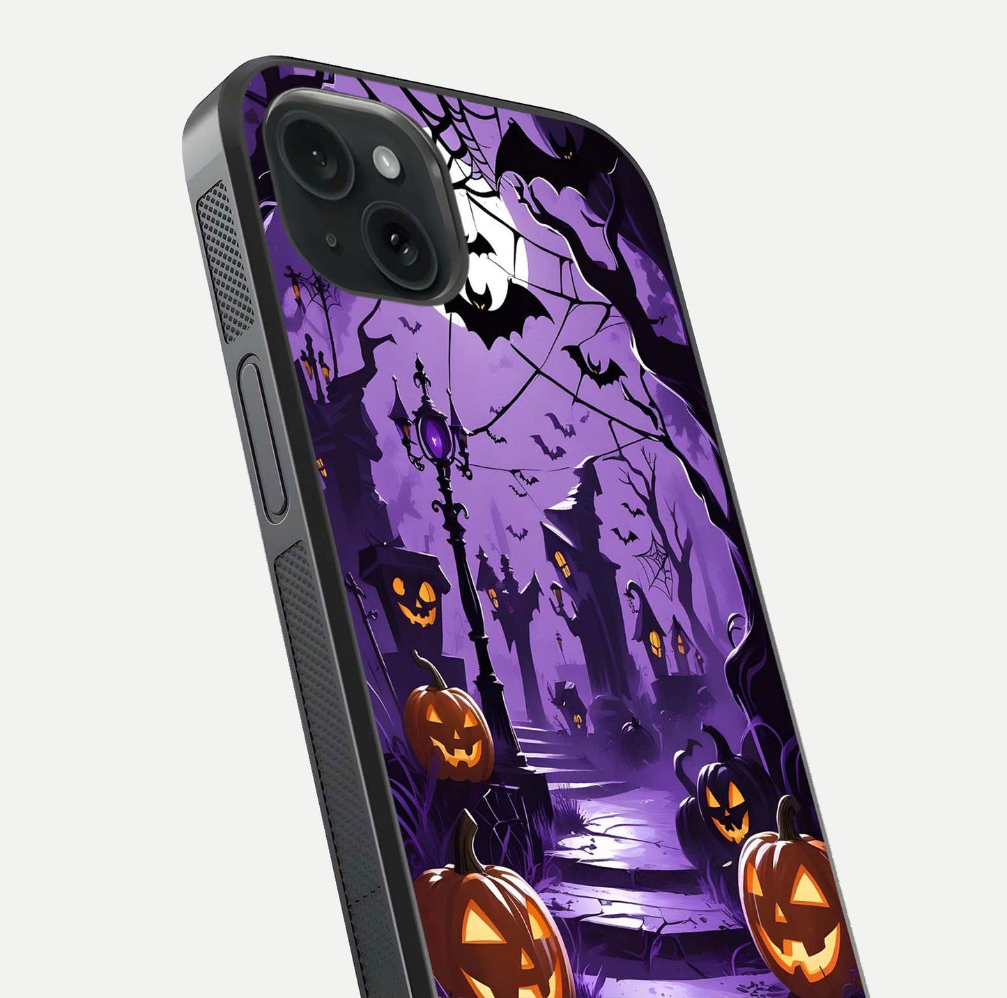 Pumpkin Patch Halloween Glass Case for iPhone 15 Plus close-up angled shot highlighting pumpkin texture and shine