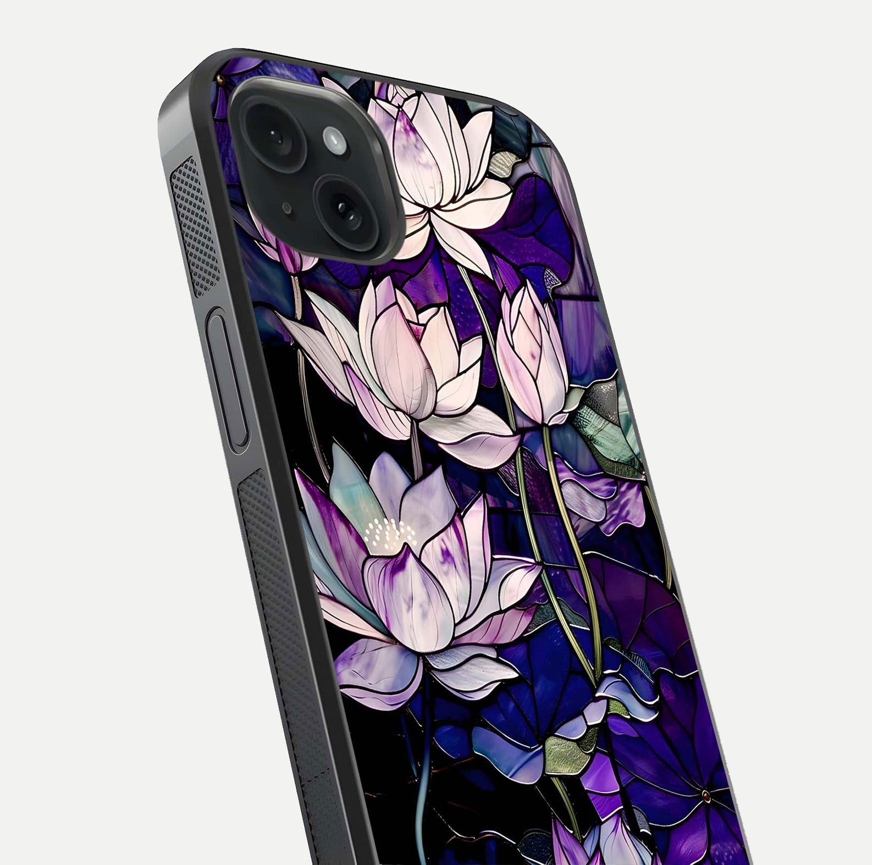 Purple Lotus Pattern Glass Case for iPhone 15 Plus close-up angled shot showing petal texture and HD reflection
