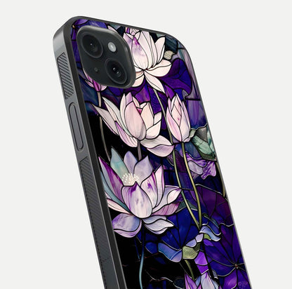 Purple Lotus Pattern Glass Case for iPhone 15 Plus close-up angled shot showing petal texture and HD reflection