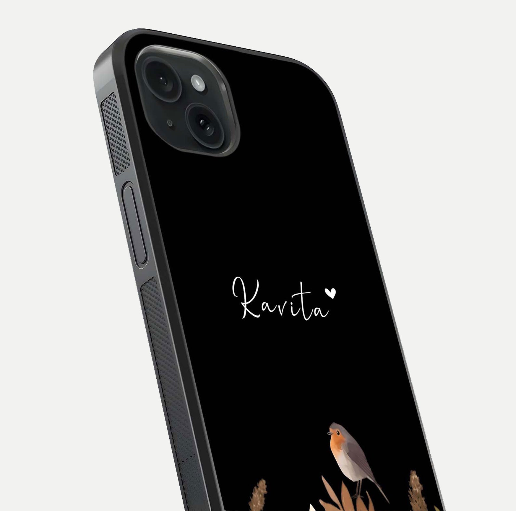 Quiet Garden Tune Custom Name Glass Case for iPhone 15 Plus close-up angled shot showing soft tones and gloss reflection