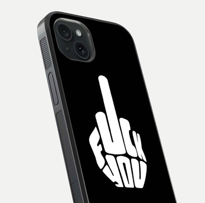 Rebel Mode On Glass Case for iPhone 15 Plus close-up angled shot highlighting reflective text and sharp design