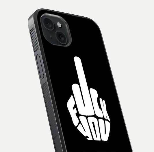 Rebel Mode On Glass Case for iPhone 15 Plus close-up angled shot highlighting reflective text and sharp design