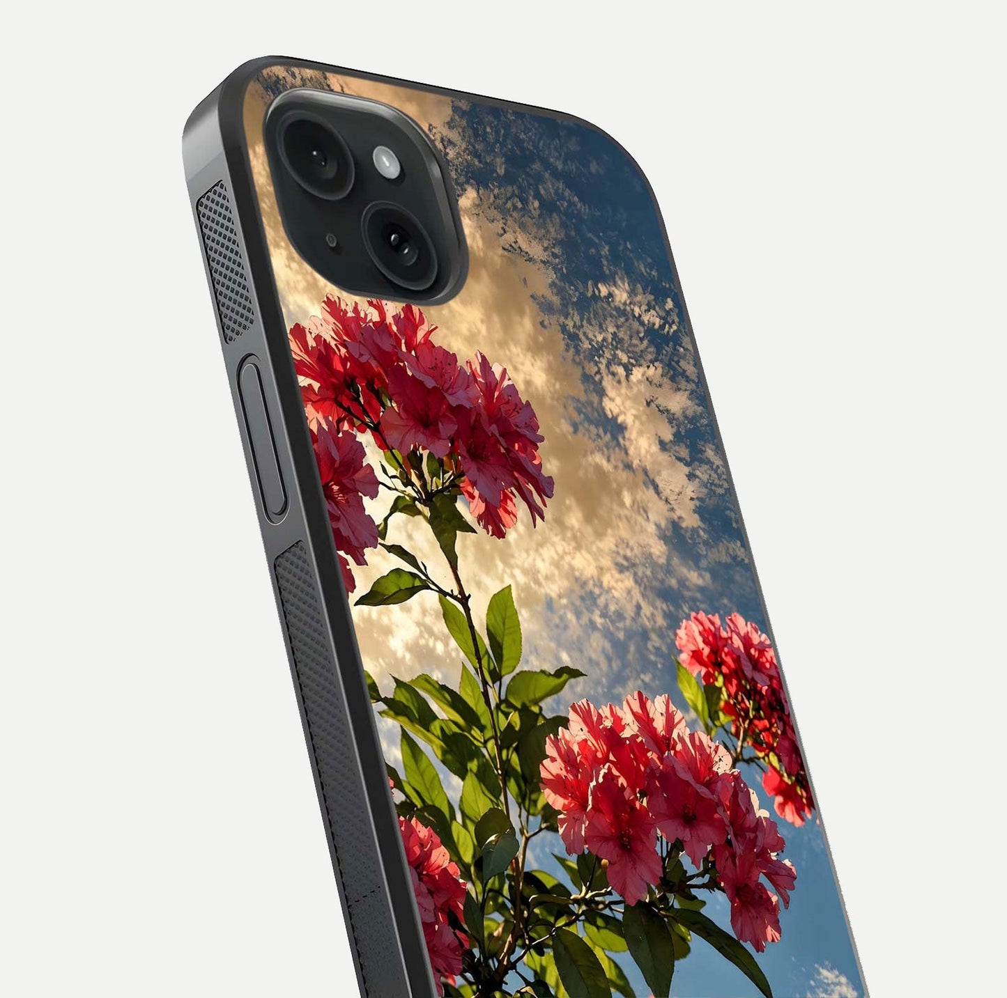 Red Bloom Skies Glass Case for iPhone 15 Plus close-up angled shot highlighting detailed blooms and reflection