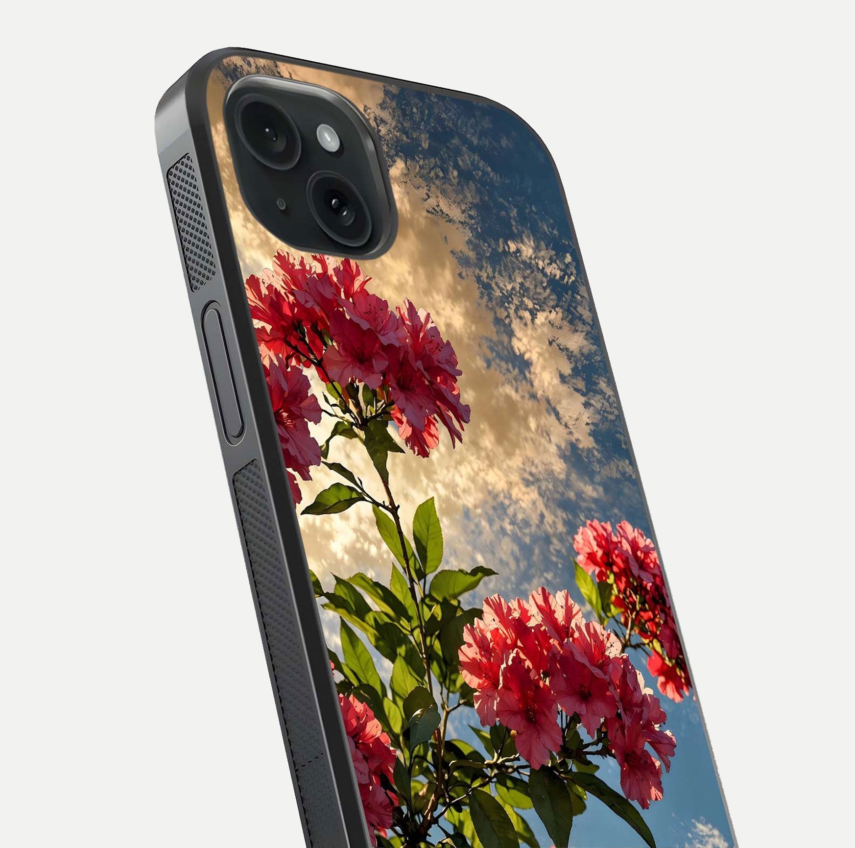 Red Bloom Skies Glass Case for iPhone 15 Plus close-up angled shot highlighting detailed blooms and reflection
