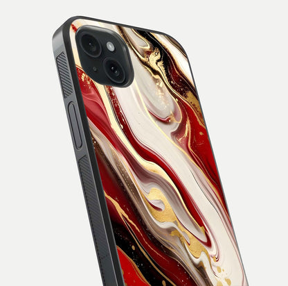 Red & White Marble Glass Case for iPhone 15 Plus close-up angled shot highlighting fine marble veins and reflection