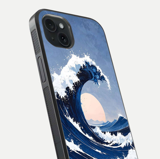 Rising Tide Power Glass Case for iPhone 15 Plus close-up angled shot highlighting water motion and reflection