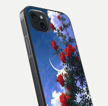 Rose Drift Flowers Glass Case for iPhone 15 Plus close-up angled shot highlighting floral texture and reflection