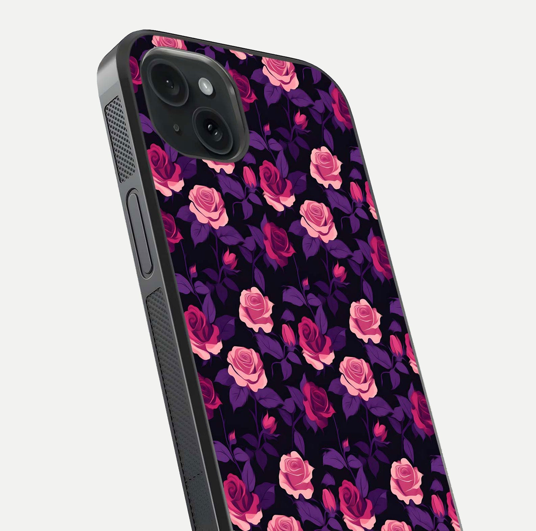 Rose Garden Twilight Glass Case for iPhone 15 Plus close-up angled shot highlighting rose contrast and reflection