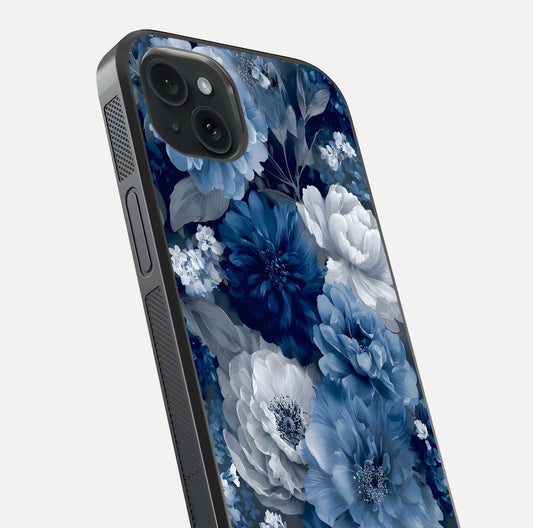 Royal Bloom Garden Glass Case for iPhone 15 Plus close-up angled shot highlighting royal bloom texture and reflection