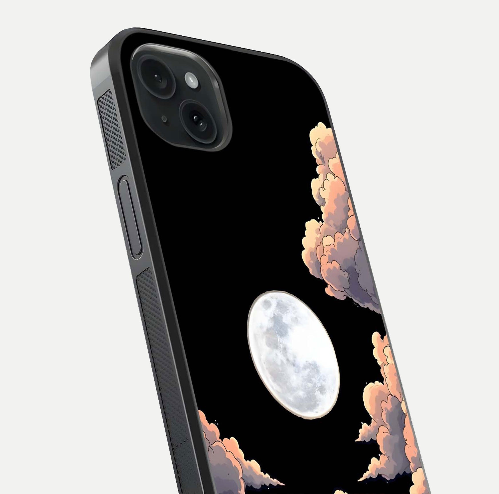 Shade Cloud Moon Glass Case for iPhone 15 Plus close-up angled shot highlighting moon reflection and depth