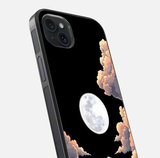 Shade Cloud Moon Glass Case for iPhone 15 Plus close-up angled shot highlighting moon reflection and depth