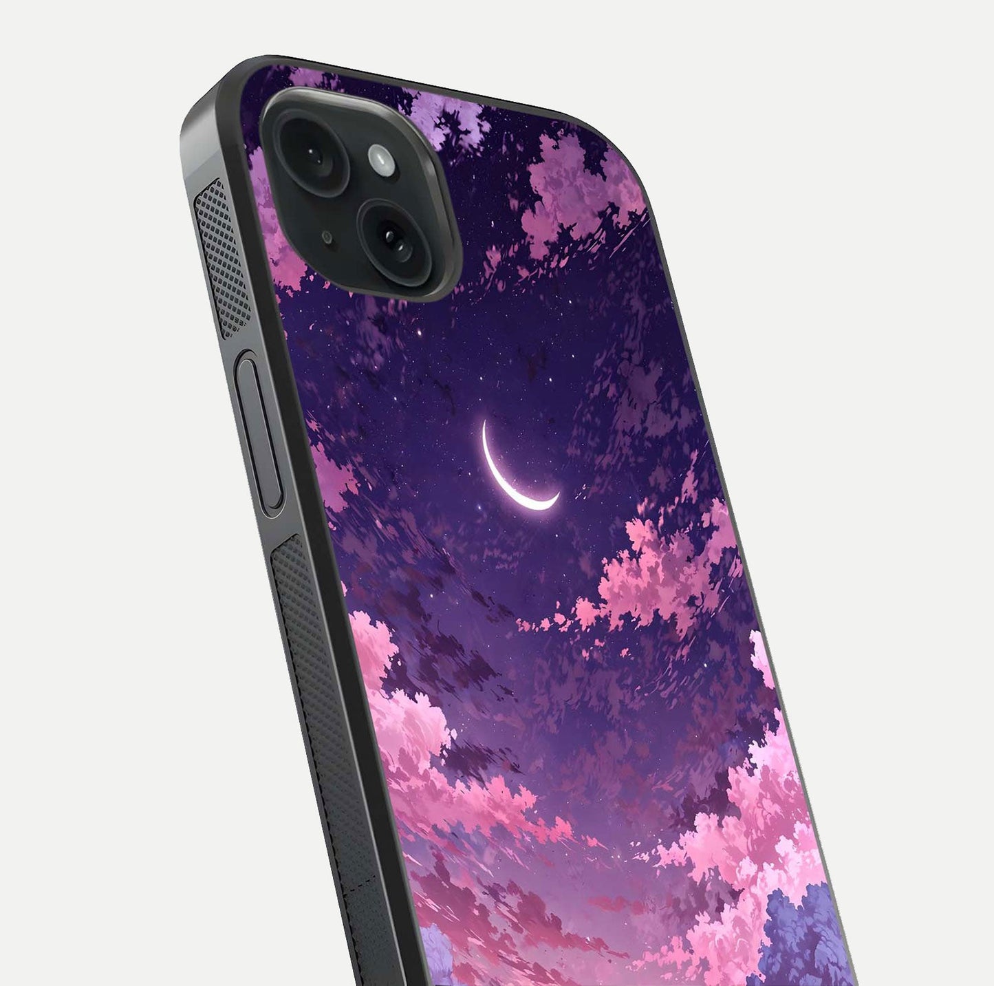 Sky Drift Clouds Glass Case for iPhone 15 Plus close-up angled shot highlighting cloud texture and reflection