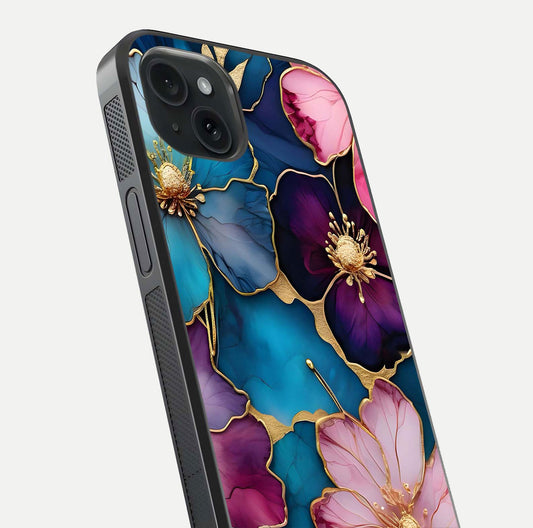 Sparkle Floral Glass Case for iPhone 15 Plus close-up angled shot highlighting shimmer details and reflection