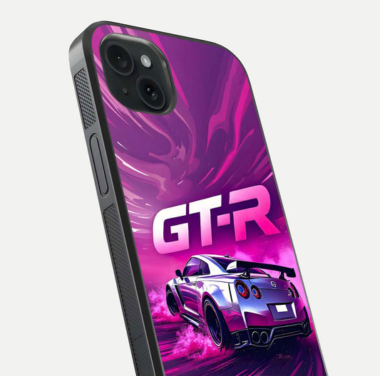 Speed Drift Legend Glass Case for iPhone 15 Plus close-up angled shot highlighting speed lines and reflection