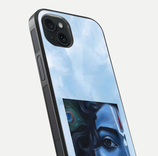 Spiritual Krishna Glass Case for iPhone 15 Plus close-up angled shot showing HD print, color tone, and reflection