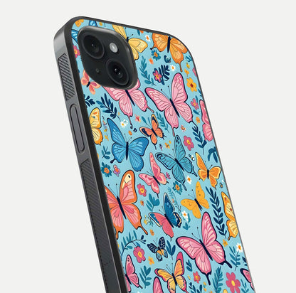 Spring Wing Garden Glass Case for iPhone 15 Plus close-up angled shot highlighting petal details and reflection