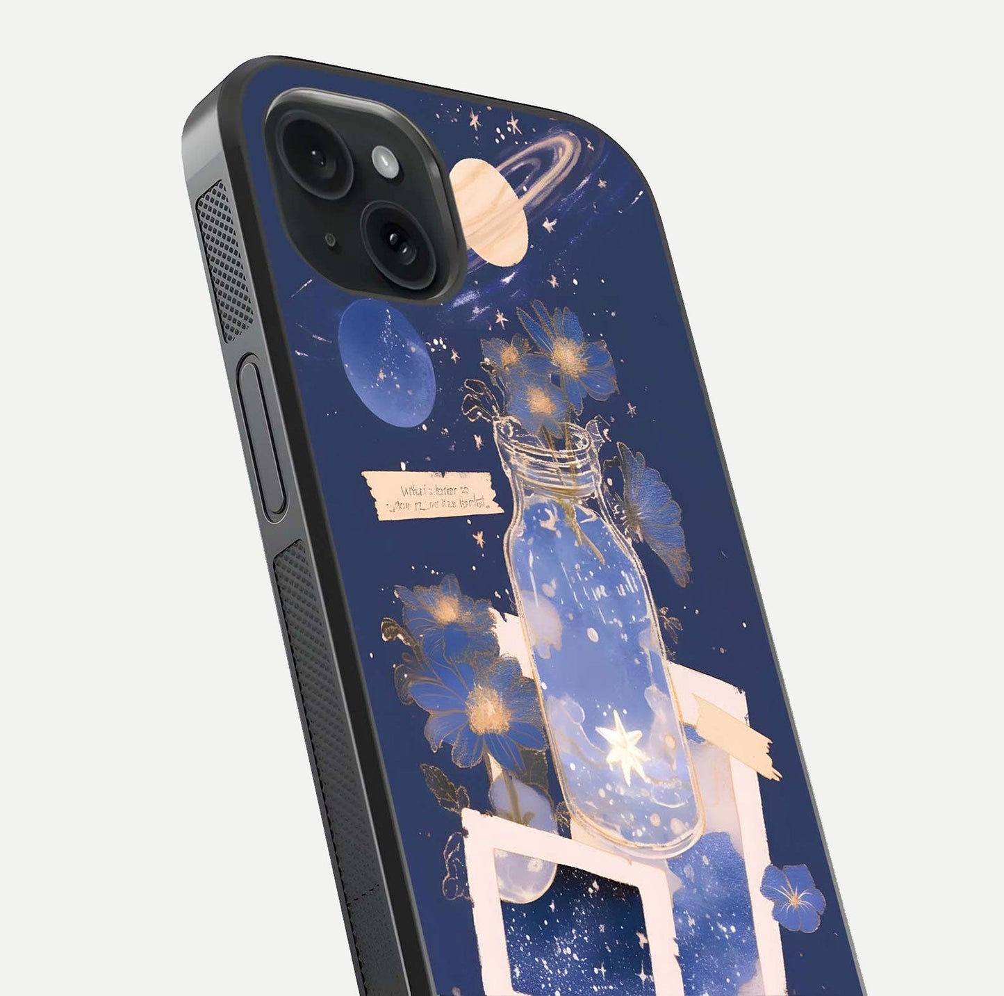Starlit Cosmic Jar Glass Case for iPhone 15 Plus close-up angled shot highlighting stars, reflections, and HD shine