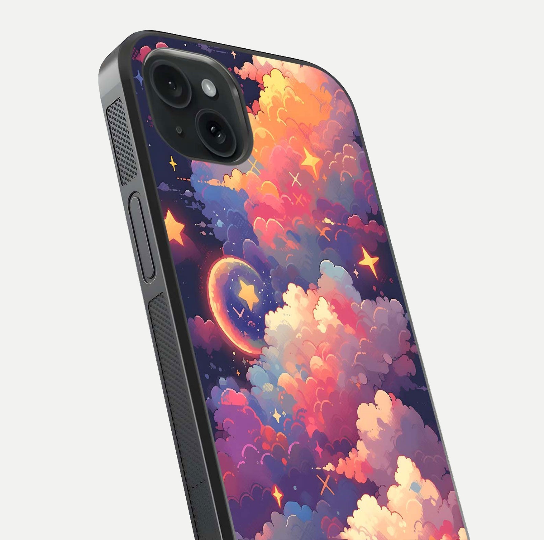 Starlit Dream Clouds Glass Case for iPhone 15 Plus close-up angled shot highlighting cloud texture and reflection