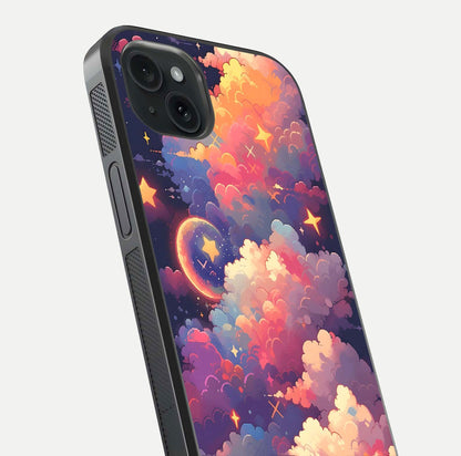 Starlit Dream Clouds Glass Case for iPhone 15 Plus close-up angled shot highlighting cloud texture and reflection