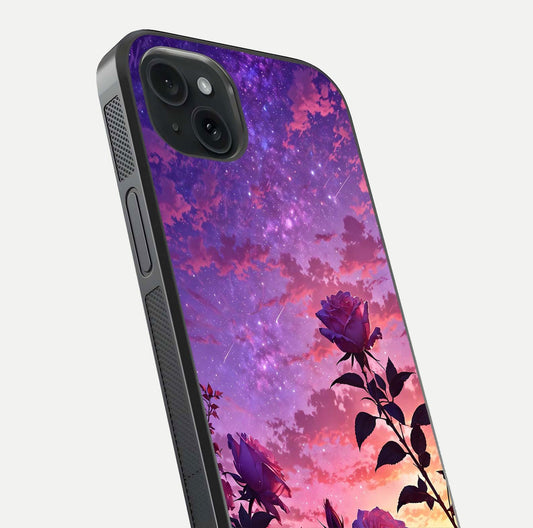 Starlit Rose Twilight Glass Case for iPhone 15 Plus close-up angled shot highlighting rose detail and reflection