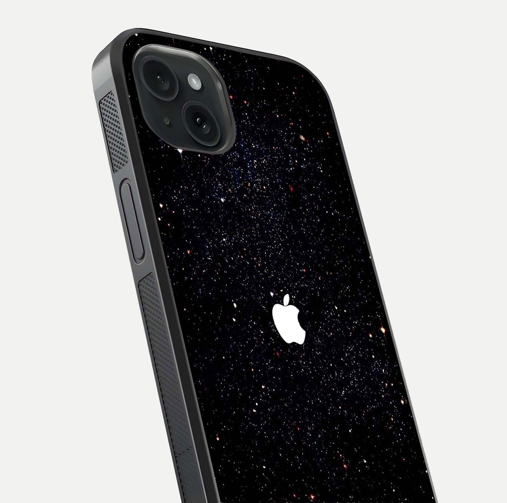 Starry Apple Galaxy Glass Case for iPhone 15 Plus close-up angled shot highlighting star details and gloss