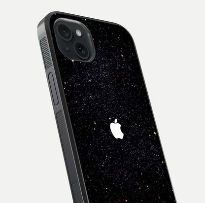 Starry Apple Galaxy Glass Case for iPhone 15 Plus close-up angled shot highlighting star details and gloss