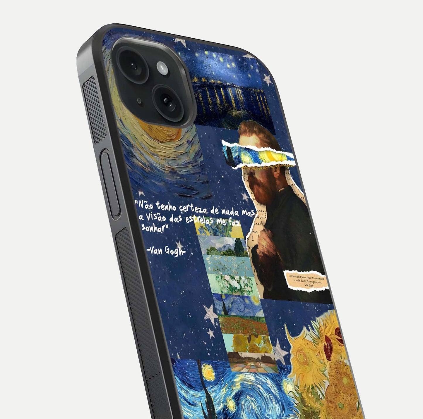Starry Dream Vision Glass Case for iPhone 15 Plus close-up angled shot highlighting cosmic light and reflection