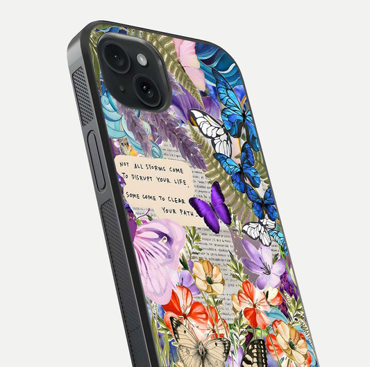 Storm Path Bloom Glass Case for iPhone 15 Plus close-up angled shot highlighting bloom texture and reflection