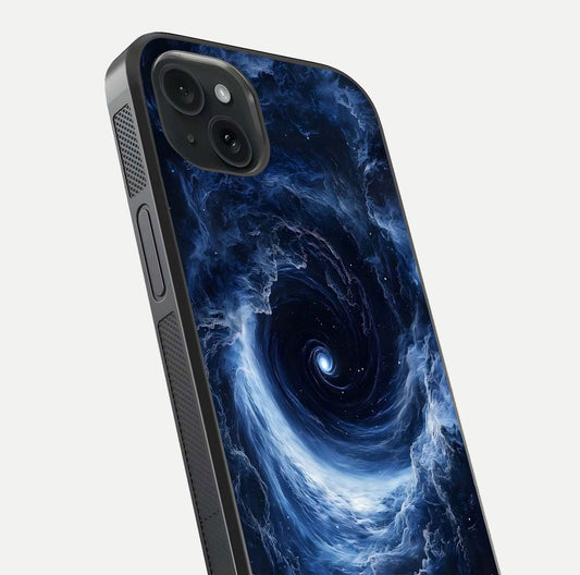 Stunning Galaxy Glass Case for iPhone 15 Plus close-up angled shot highlighting nebula tones and HD reflection