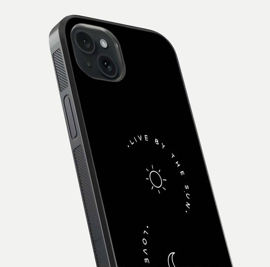 Sun Moon Balance Glass Case for iPhone 15 Plus close-up angled shot highlighting cosmic art and HD reflection