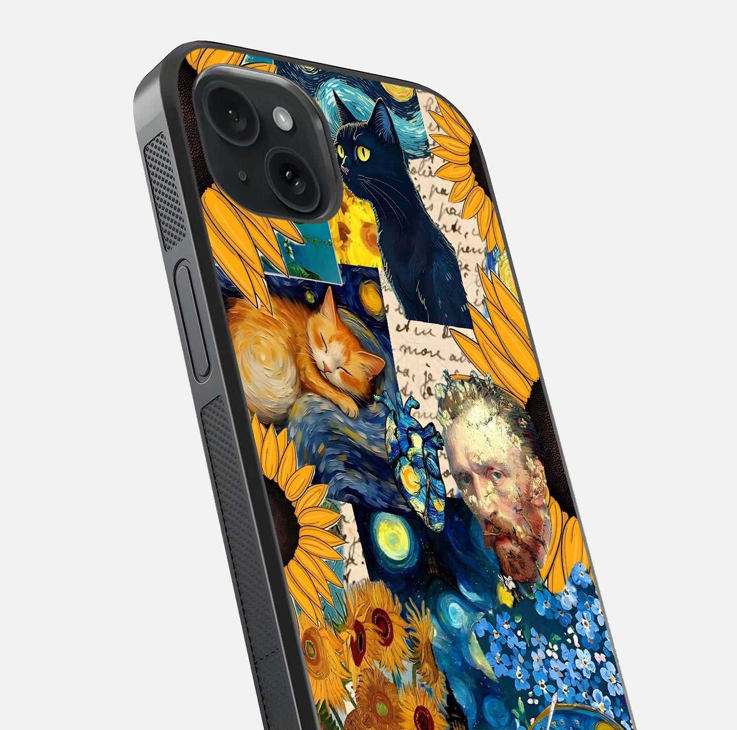 Sunflower Cat Art Glass Case for iPhone 15 Plus close-up angled shot highlighting yellow tones and art reflection