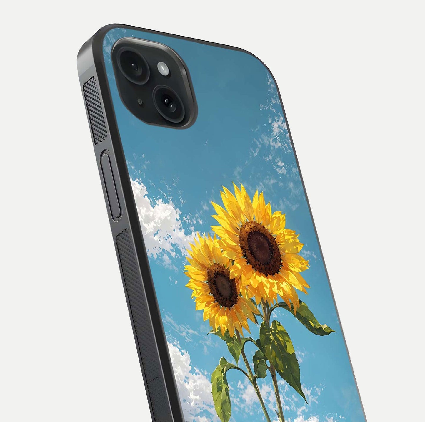 Sunflower Sky Bloom Glass Case for iPhone 15 Plus close-up angled shot highlighting petal details and reflection