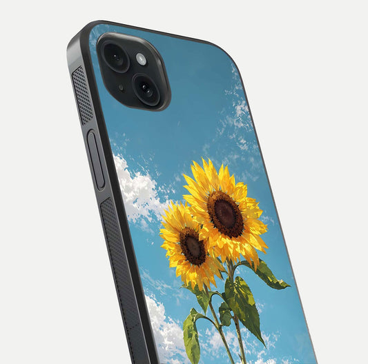 Sunflower Sky Bloom Glass Case for iPhone 15 Plus close-up angled shot highlighting petal details and reflection