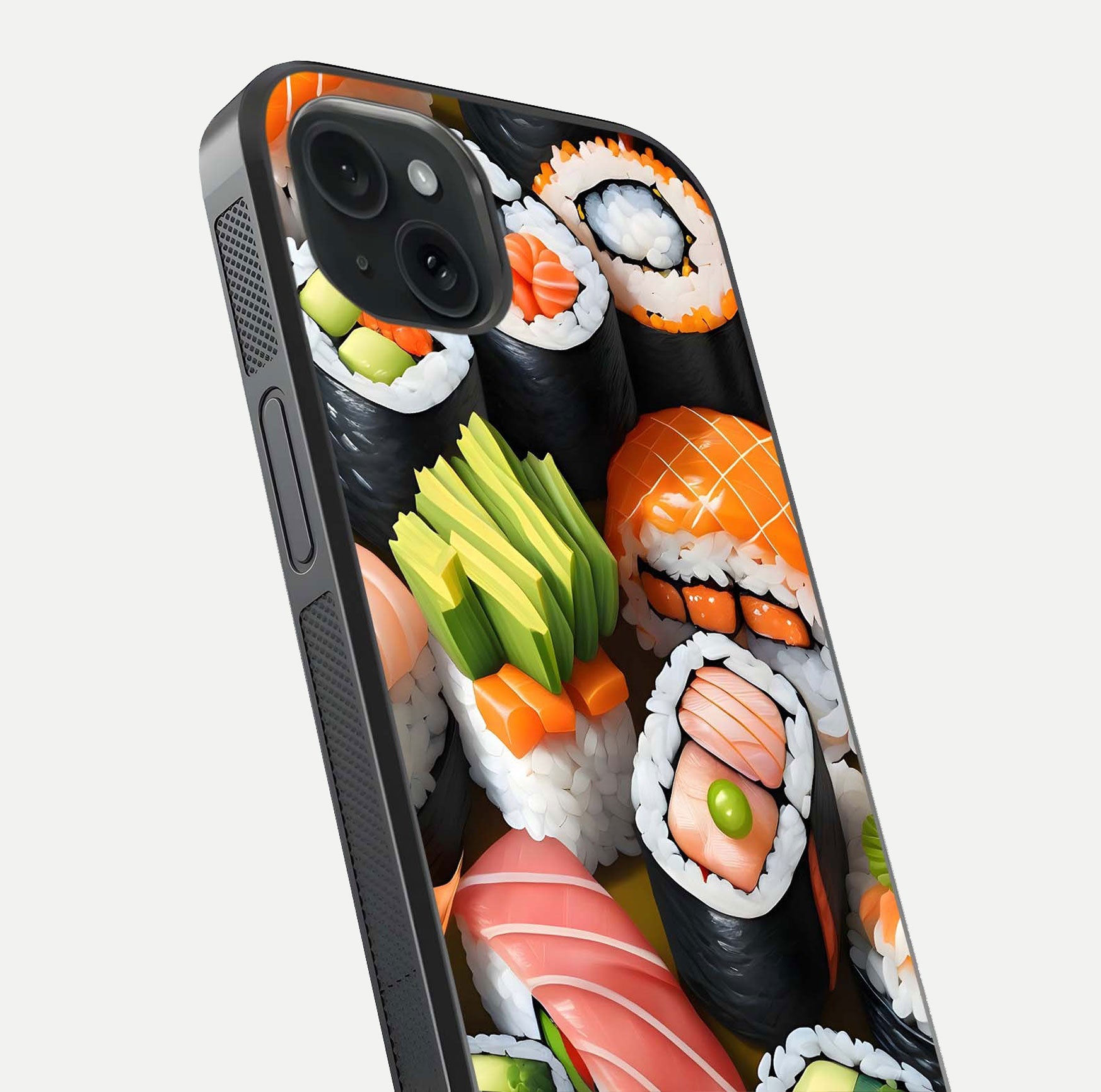 Sushi Food Pattern Glass Case for iPhone 15 Plus close-up angled shot highlighting colorful sushi prints and reflection
