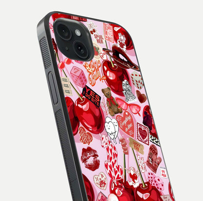 Sweet Cherry Chaos Glass Case for iPhone 15 Plus close-up angled shot highlighting red tone contrast and reflection
