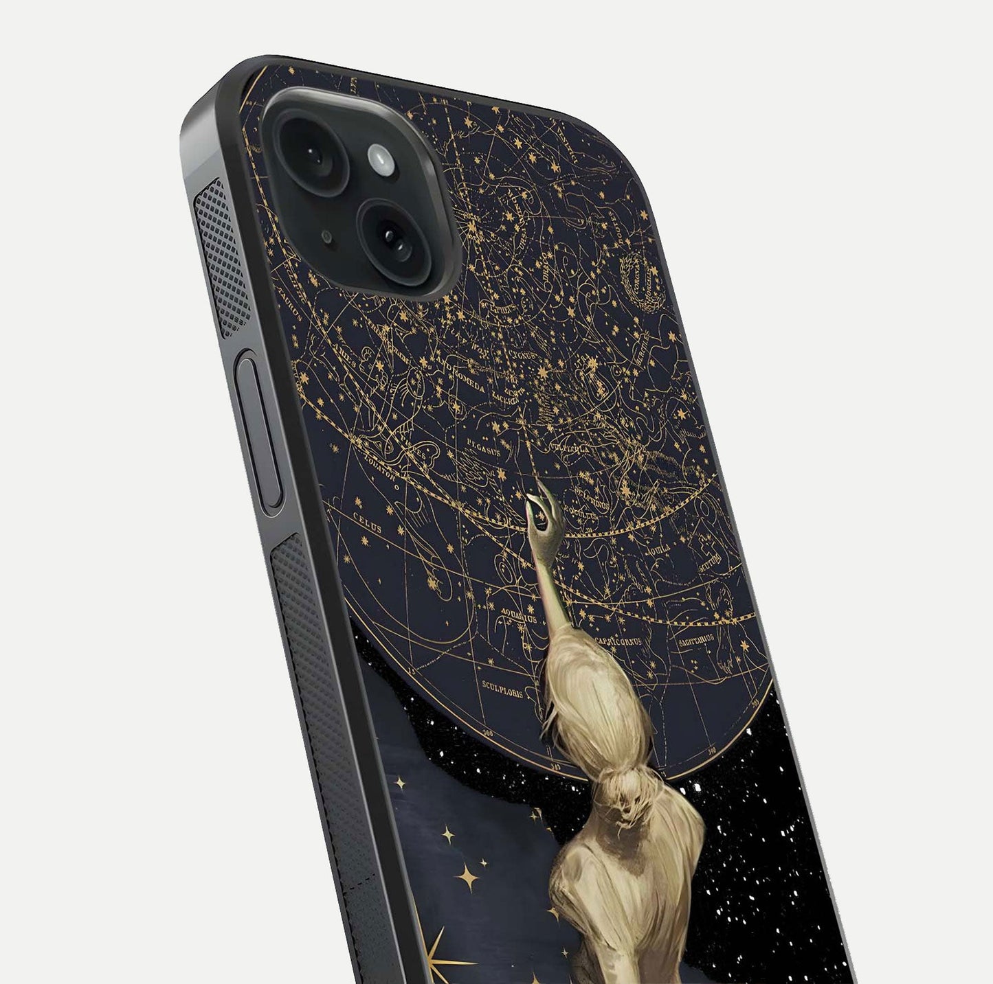 Taylor Swift Girl Glass Case for iPhone 15 Plus close-up angled shot highlighting texture and HD reflection