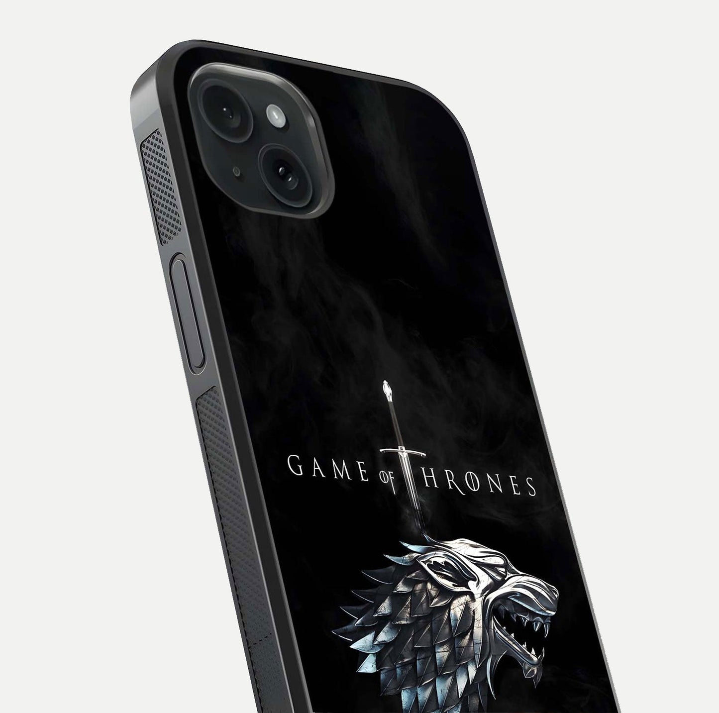 Throne Wolf Legacy Glass Case for iPhone 15 Plus close-up angled shot highlighting fur texture and reflection