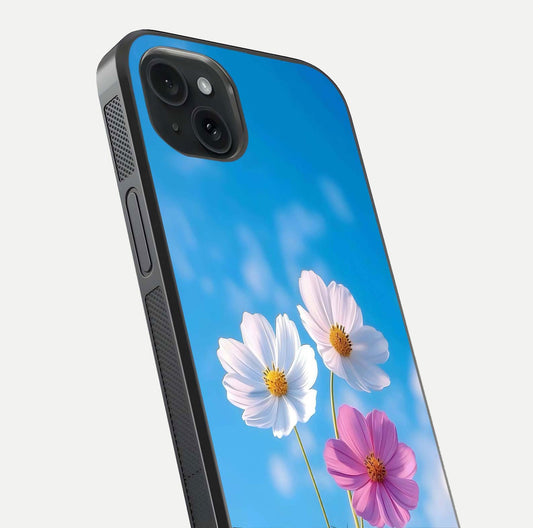 Triple Flowers With Sky Glass Case for iPhone 15 Plus close-up angled shot highlighting petal and reflection details