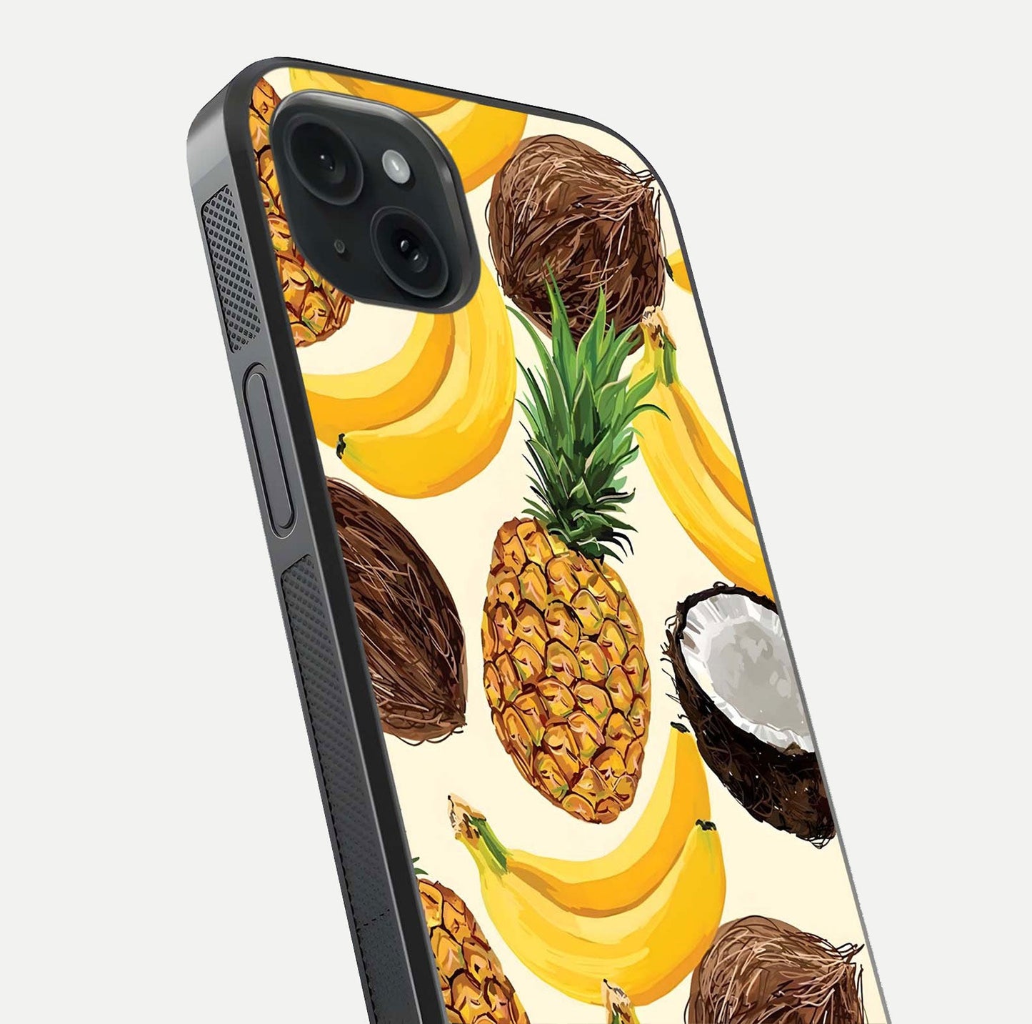 Tropical Fruit Mood Glass Case for iPhone 15 Plus close-up angled shot highlighting fruit texture and reflection