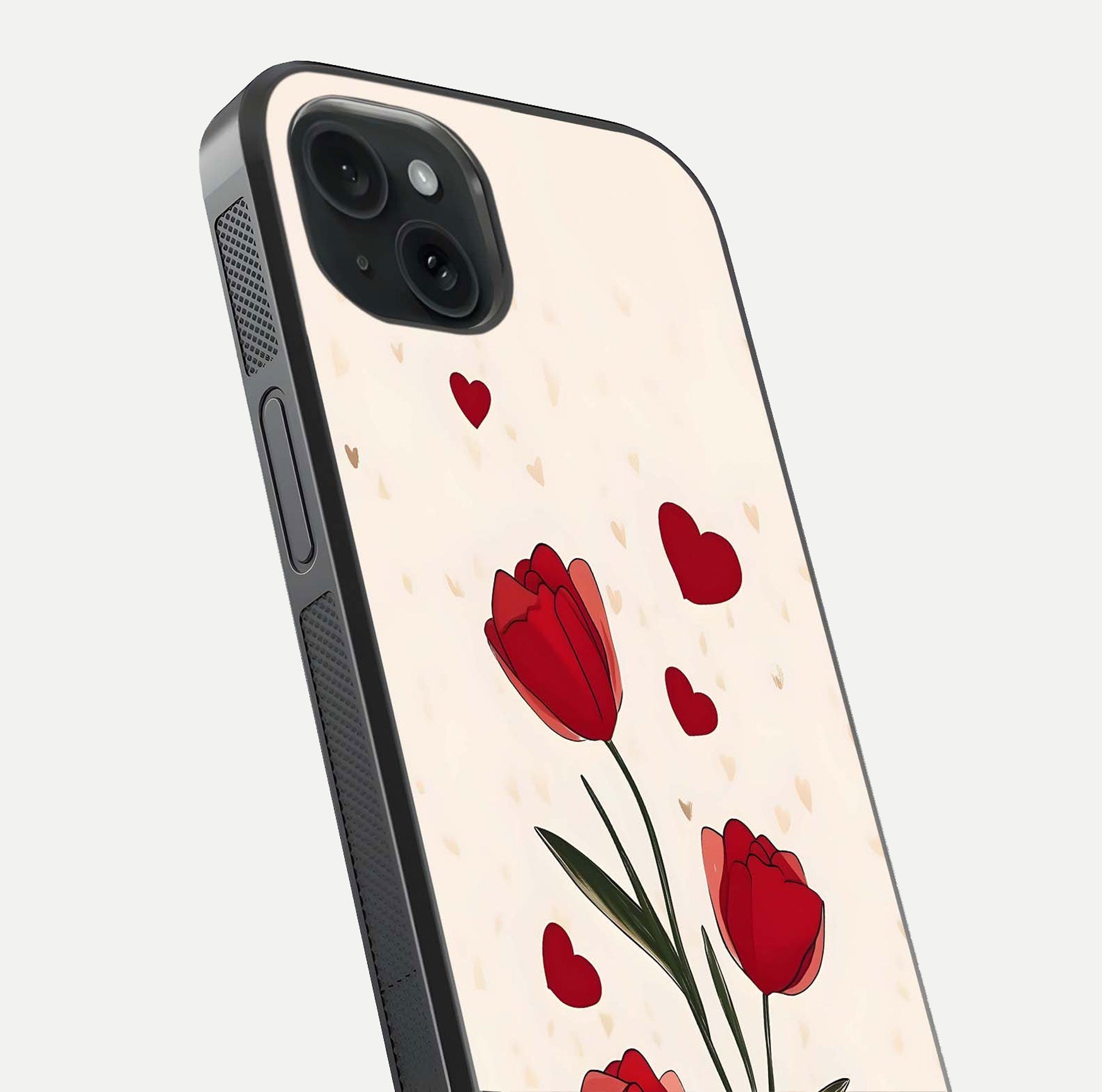 Tulip With Heart Glass Case for iPhone 15 Plus close-up angled shot highlighting petal details and reflection