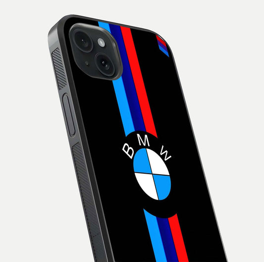 Turbo BMW Beast Glass Case for iPhone 15 Plus close-up angled shot highlighting car detailing and reflection