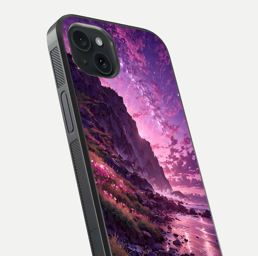 Twilight Blossom Coast Glass Case for iPhone 15 Plus close-up angled shot highlighting gradient sky and reflection