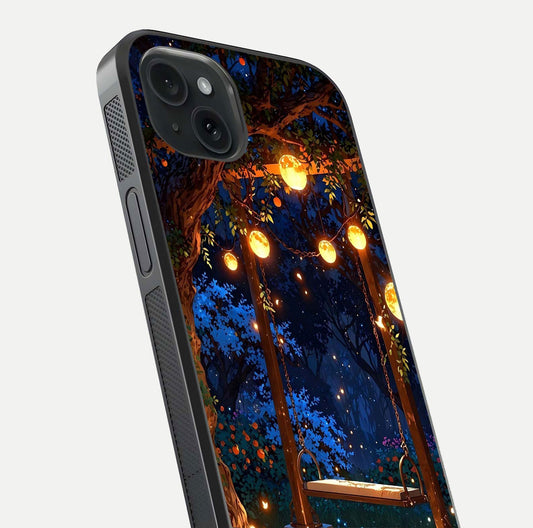 Twilight Garden Swing Glass Case for iPhone 15 Plus close-up angled shot highlighting floral tones and reflection